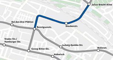 Geplante Querverbindung der Straßenbahnlinien 1,2 und 10 an der Steubenstraße