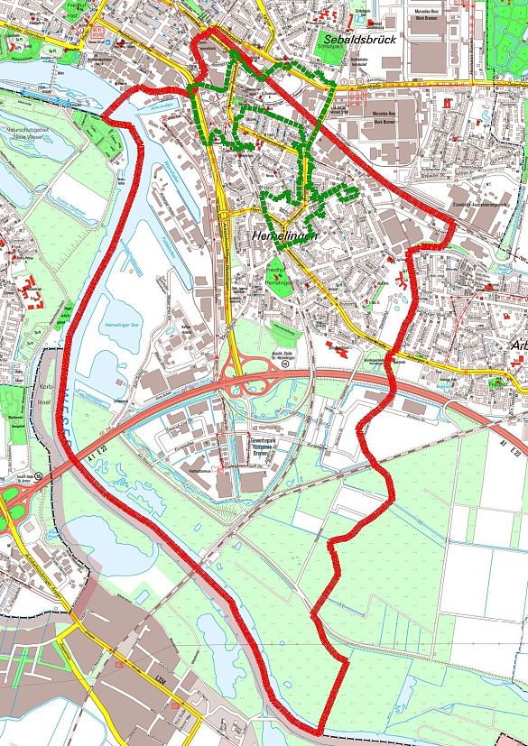 Abgrenzung des  Stadterneuerungsgebietes Hemelingen (Programmgebiet Soziale Stadt, Rot; Programmgebiet Sanierung und Entwicklung, Grün)