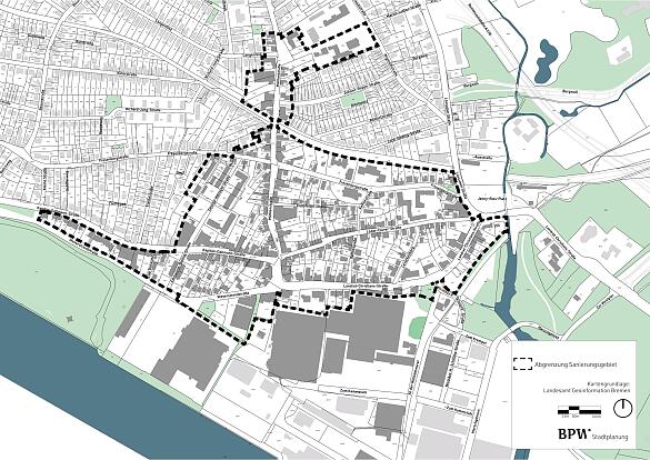 Stadtplan mit den Grenzen des Sanierungsgebietes Blumenthal