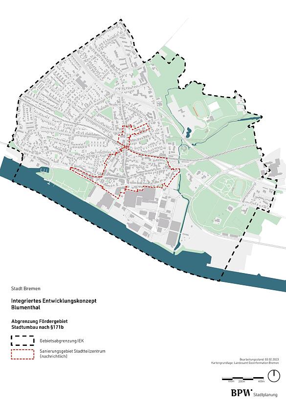 Stadtplan mit Darstellung der Grenzen des Sanierungsgebietes und des Fördergebietes