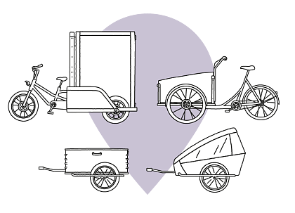 Eine Illustration von verschiedenen Modellen von Lastenrädern und Anhängern.